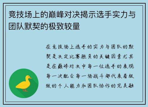 竞技场上的巅峰对决揭示选手实力与团队默契的极致较量