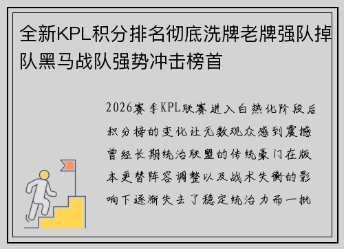 全新KPL积分排名彻底洗牌老牌强队掉队黑马战队强势冲击榜首