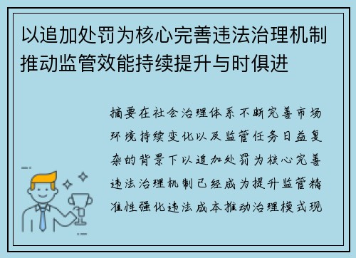 以追加处罚为核心完善违法治理机制推动监管效能持续提升与时俱进